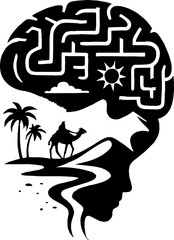 A silhouette of a desert mirage unfolding into a brain-like maze, illusions forming pathways of subconscious desires and hidden fears, on a white background 