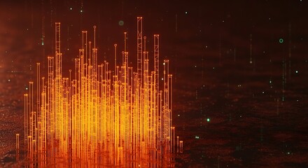 A surreal digital landscape with glowing vertical light structures representing a futuristic metropolis or data analysis visualization