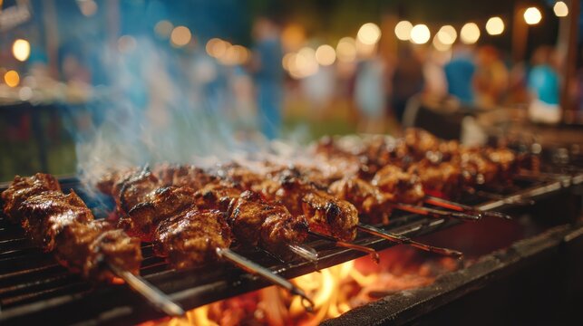 Grilled meat skewers cooking over open flames with party lights and people in the background, close-up barbecue scene showing juicy charcoal-grilled kebabs and festive outdoor cooking atmosphere - Powered by Adobe