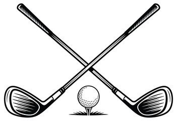 crossed golf clubs and ball tee icon in silhouette style, simple vector illustration perfect for golfing logos, sports merchandise, tournament graphics, and outdoor recreation design projects.