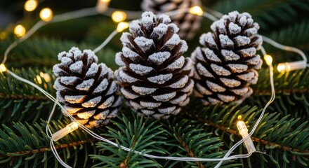Frosted Pinecones and Warm Christmas Lights on Evergreen Branches