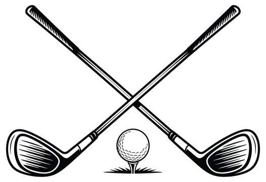 crossed golf clubs and ball tee icon in silhouette style, simple vector illustration perfect for golfing logos, sports merchandise, tournament graphics, and outdoor recreation design projects. - Powered by Adobe