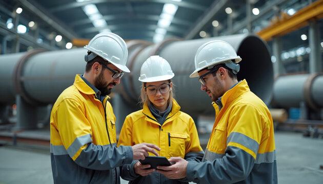 Group of engineers discuss project inside large factory. Team of two men, one woman use tablet computer for work. Professionals wearing hard hats, uniforms stand near huge metal pipes at