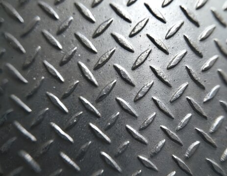 Steel diamond plate background with non slip pattern. Close up of grey metal texture. Industrial aluminum checker sheet surface for floors tool boxes. Durable silver material for heavy duty