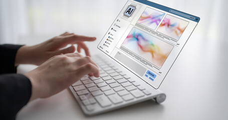 AI platform generating art images with dynamic interface. AI-generated content appears in image gallery artificial intelligence view. Genrative AI loading multiple image from AI design engine. Spline