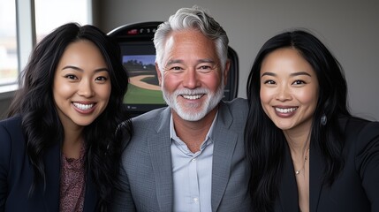 Group of three professionals smile together in a modern office setting