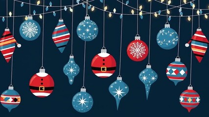 A delightful collection of festive Christmas ornaments and glowing string lights elegantly arranged against a deep blue background, perfect for holiday season celebrations and winter festivities