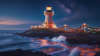 Festive lighthouse glowing bright starry sky HD images