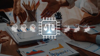 Diverse professionals collaborate on data analysis using advanced technology and artificial intelligence to enhance legal decision-making and business strategies. Raster