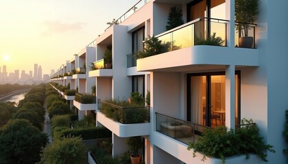 Modern townhouses offer sleek design with balconies overlooking city. Residences feature green plants. Residential complex combines urban living with nature. Bright building exteriors show modern
