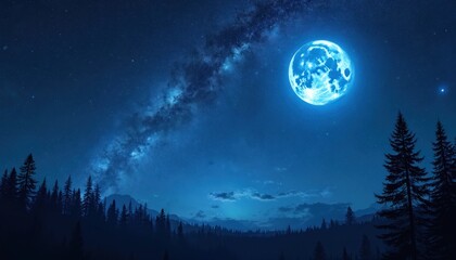 Spectacular night scene presents a large blue moon in the dark sky over the forest. Stars and Milky Way galaxy add depth. Trees stand as silhouettes creating a magical atmosphere.