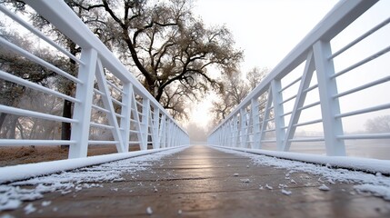 White wooden bridge leads through foggy landscape in morning light