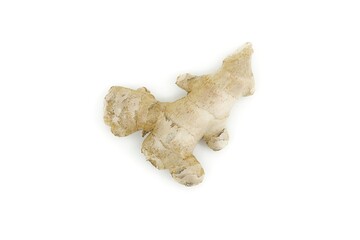 Fresh ginger root photographed on crisp white studio backdrop.