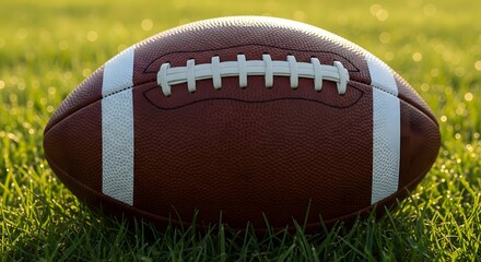 American football placed on lush green grass field close up