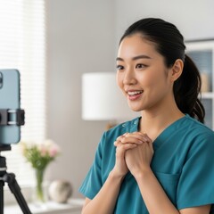 Asian nurse talking to patient on video call on phone