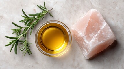 Rough cracked block of Himalayan pink salt fresh green rosemary sprig and jar of golden olive oil
