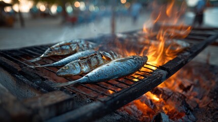 Fresh fish grilling on a barbecue at a tropical beach with glowing coals and ocean breeze, perfect for summer seafood, outdoor cooking, and vacation dining scenes