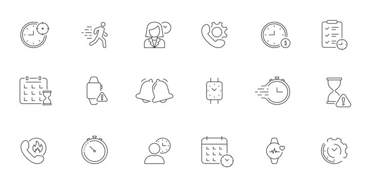 Time Management And Productivity Line Icon Set. Efficient Scheduling, Task Planning, And Deadline Tracking Outline Symbol Collection. Editable Stroke. Isolated Vector Illustration