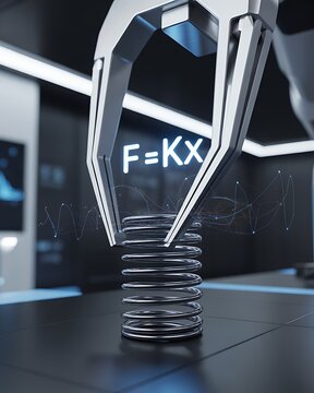 Robotic arm holding a spring with hookes law formula f equals kx