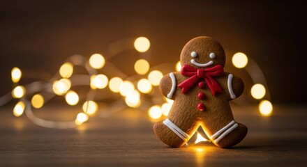 Festive Gingerbread Man Cookie Illuminated by Warm Holiday Lights