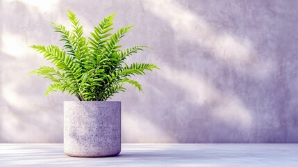 A lush green fern plant sits in a concrete pot, casting shadows on a textured purple wall.