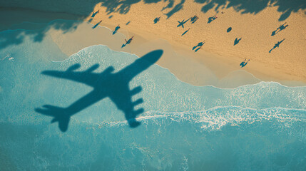 Airplane Shadow Over Tropical Beach Shore Plane Silhouette Casting Over Coastline and Palm Trees Travel Concept
