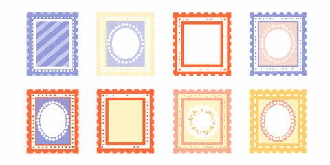 Collection of eight decorative postage stamp frames with playful borders and colorful patterns