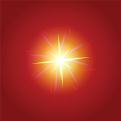Bright golden starburst light flare with glowing rays on a red background