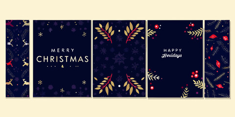 Festive christmas and happy holidays greeting cards with elegant gold and red botanical illustrations on a dark blue background