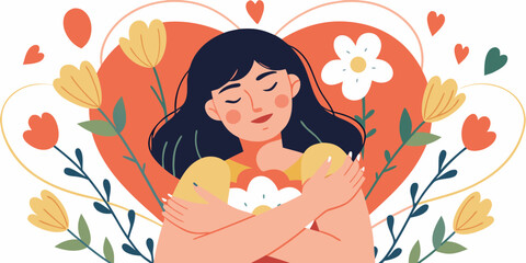 Woman embracing herself with closed eyes surrounded by flowers and hearts symbolizing self love and care