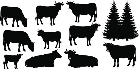 Cow silhouette farm animals collection, cattle livestock vector illustration, grazing rural agriculture design, nature pasture graphic art