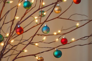 Obraz premium Decorative Christmas tree branches adorned with ornaments and warm lights create a festive atmosphere during the holiday season.