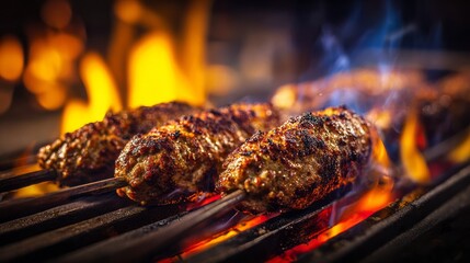 Juicy grilled kofta kebabs sizzling over open flames on a dark charcoal grill, aromatic middle eastern barbecue meat skewers perfect for dinner, street food, and outdoor cooking scenes