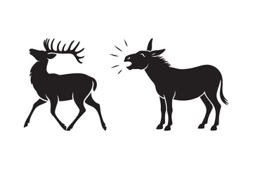 Silhouette of a deer and a donkey in a confrontation