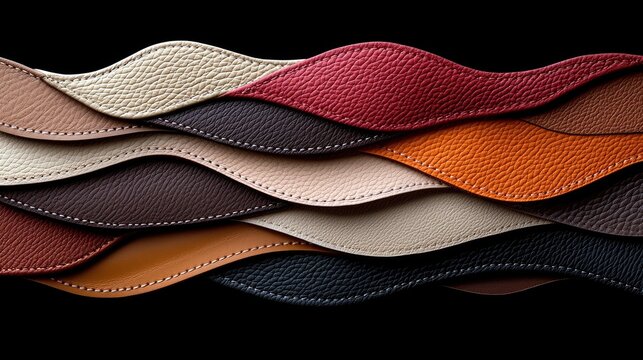 A collection of wavy, stitched leather strips in multiple colors and textures, artfully arranged against a dark background.