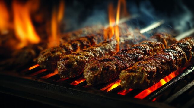 Juicy grilled kofta kebabs sizzling over open flames on a dark charcoal grill, aromatic middle eastern barbecue meat skewers perfect for dinner, street food, and outdoor cooking scenes