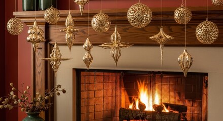 Elegant Gold Christmas Ornaments Dangle Above Warm Fireplace Hearth