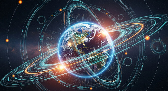 Earth surrounded by digital network rings, futuristic global connection theme