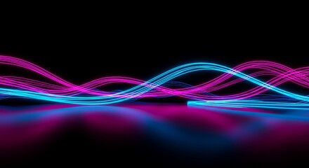 Abstract glowing neon light trails in blue and pink forming wavy lines on a dark background with reflection