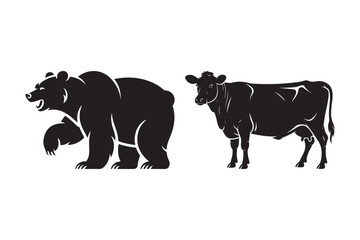 Silhouette of a bear and a cow standing side by side