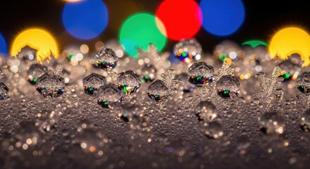 Close up macro shot of sparkling ice crystals and water droplets with colorful bokeh lights background