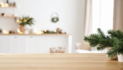 Light wooden table with evergreen branch in bright minimalist kitchen | clean cozy winter atmosphere | neutral festive background for product mockups

