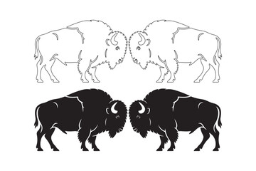 Symmetrical bison silhouettes and outline drawings facing each other