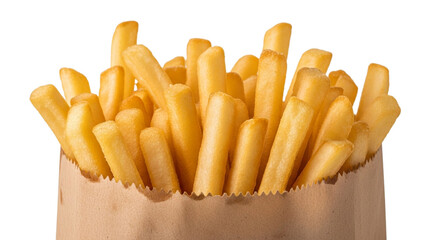 Crispy golden french fries spilling out of a brown paper bag