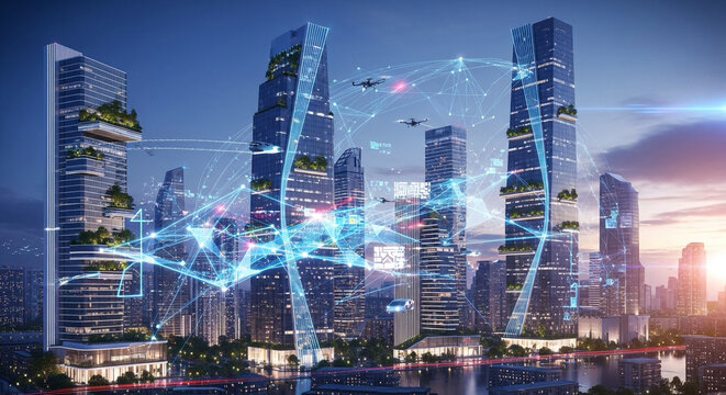 smart city buildings connected with holographic lines, modern digital network concept