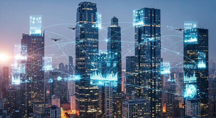 smart city buildings connected with holographic lines, modern digital network concept