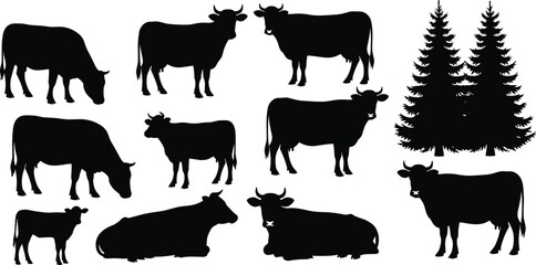 Cow silhouette vector set, farm animal cattle illustration, grazing livestock design, rural agriculture graphic elements with forest trees