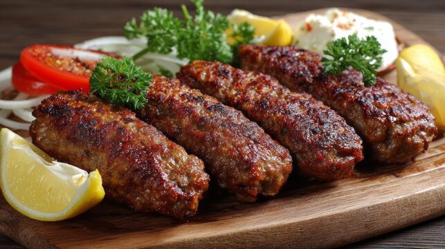 Traditional balkan kebapche and cevapcici minced meat grilled to perfection, served hot with rustic wooden platter, authentic southeast european cuisine and street food specialty