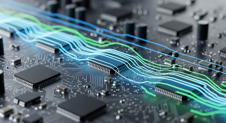 digital circuit board with pulsating light trails, macro shot