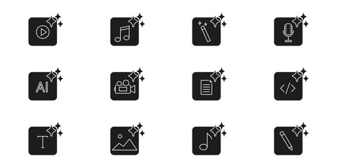 Artificial Intelligence Multimedia Icons. AI, Camera, Music, Wand, Microphone, Document, Code, Text, Image and Play Solid Icon Set. Content Generator Symbol Collection. Isolated Vector Illustration